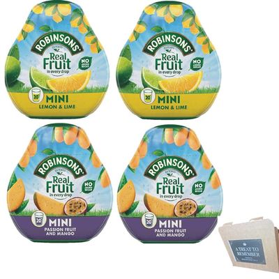 Robinsons Squashd Mini Squashd 2 Flavour Pack 2 x Lemon & Lime and 2x Mango & Passion Fruit No Added Sugar Real Fruit in Every Drop