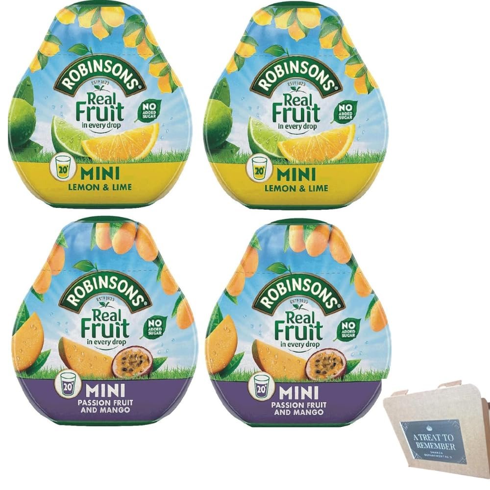 Robinsons Squashd Mini Squashd  2 Flavour Pack  2 x Lemon & Lime and 2x Mango & Passion Fruit  No Added Sugar  Real Fruit in Every Drop