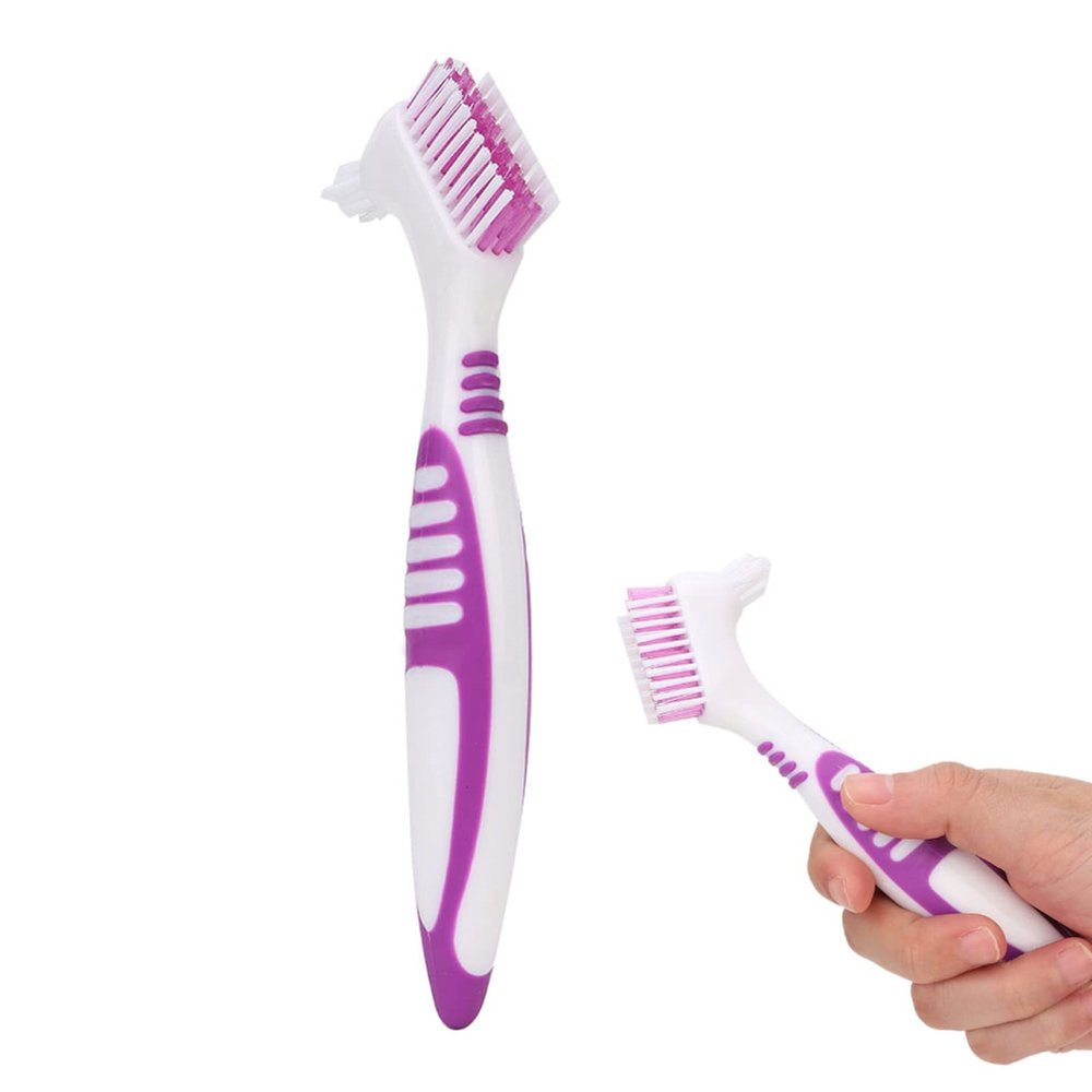 2Pcs Denture Cleaning Brush, 16.5x3cm/6.5x1.2inch Double Bristle Head Denture Toothbrush Hard False Tooth Cleaner Brush Dual Head Multi Layered Bristles and Dual Angled for Dentures Care
