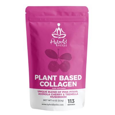 HYBRID HERBS  Plant Based Collagen Powder - Anti Aging Supplement for Skin, Wrinkles, Hair Growth with Pink Pitaya, Acerola Cherry & Tremella Mushroom Extracts | 113 Servings (113g)  Vegan Collagen