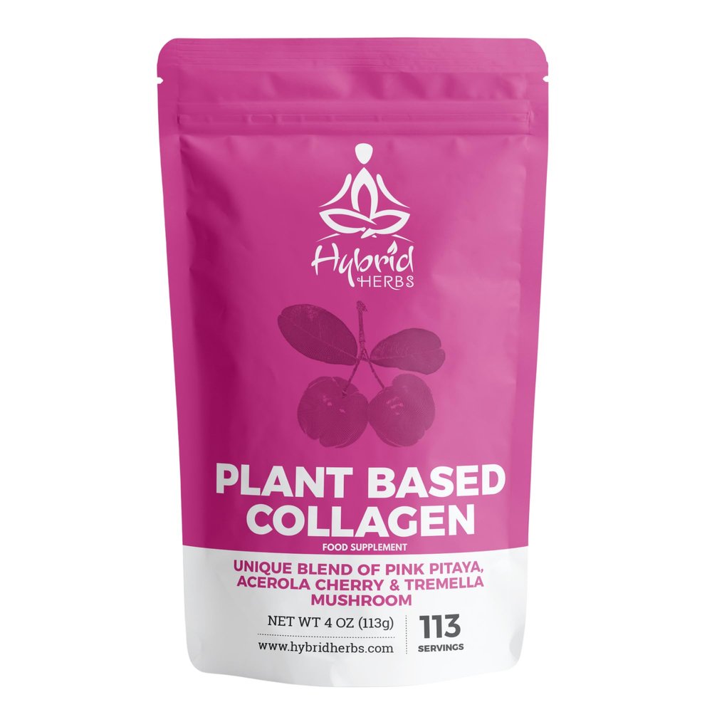 HYBRID HERBS  Plant Based Collagen Powder - Anti Aging Supplement for Skin, Wrinkles, Hair Growth with Pink Pitaya, Acerola Cherry & Tremella Mushroom Extracts | 113 Servings (113g)  Vegan Collagen