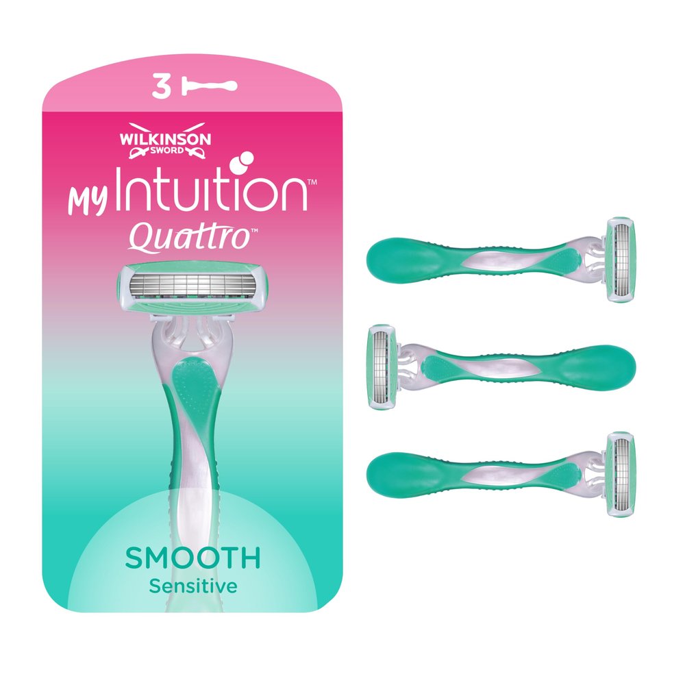Wilkinson myIntuition Smooth Sensitive Quattro Womens Disposable Razors, Hair Removal, Touch of Aloe Vera, Shavers for Routine Grooming, 3 Pack