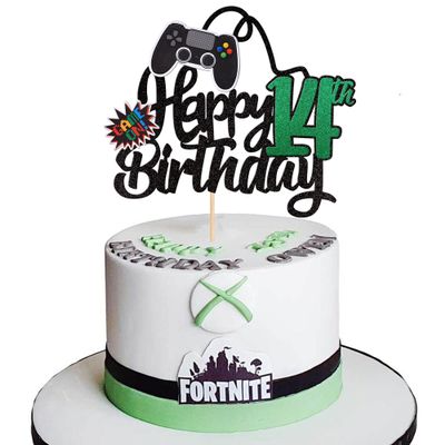 Xsstarmi 1 Pack Happy 14th Birthday Cake Topper Glitter Cheers to 14 Years Cake Pick Decoration for Game Theme Happy 14th Birthday Party Cake Decoration Supplies Black