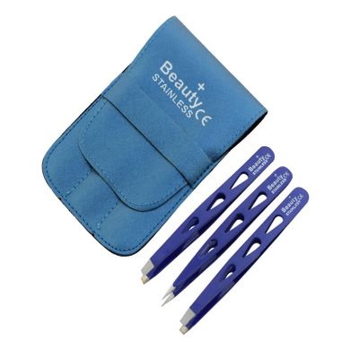 Beauty+ Precision Tweezers Set  Pack of 3 Tweezers with Handy Carry Pouch, Stainless Steel Tweezer Set with Light Weight Handle, Splinter Hair and Facial Hair Remover Set (D Blue Leaf)