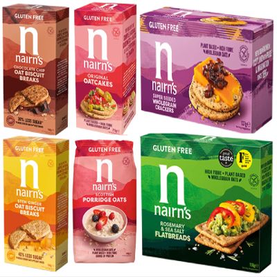Nairn's Gluten Free Variety Pack - Oatcakes/Scottish Porridge Oats/Wholegrain Seeded Crackers/Choc Chip & Stem Ginger Biscuit Breaks/Rosemary Flatbread. Pack of 6