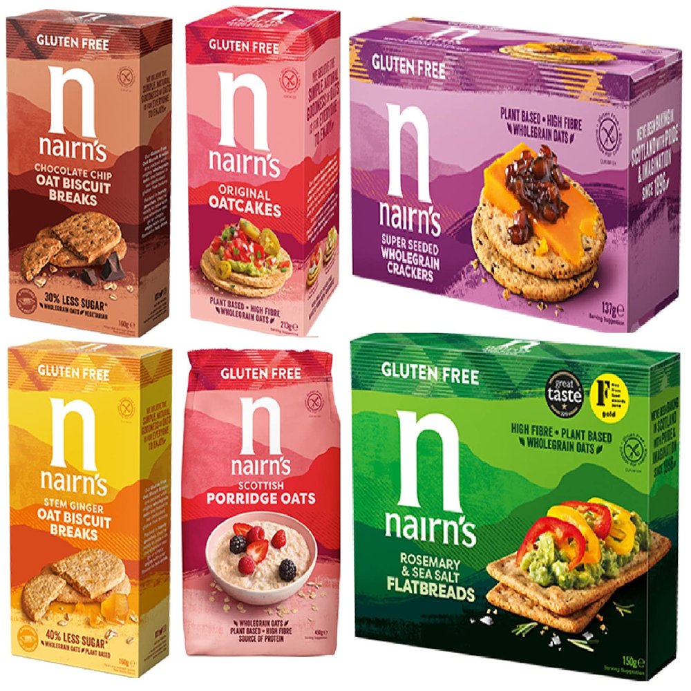 Nairn's Gluten Free Variety Pack - Oatcakes/Scottish Porridge Oats/Wholegrain Seeded Crackers/Choc Chip & Stem Ginger Biscuit Breaks/Rosemary Flatbread. Pack of 6