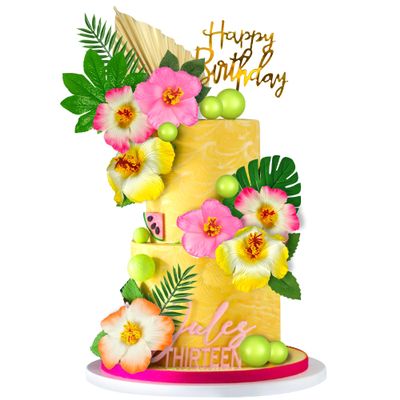 25 PCS Flower Cake Topper Hawaiian Cake Decorations with Palm Leaves Hibiscus Flowers Balls for Hawaii Aloha Jungle Summer Theme Wedding Birthday (Multicolour)