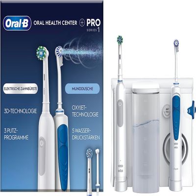 Oral-B Oral Health Centre Oral Irrigator with Oxyjet Technology for Teeth Cleaning, 2 Replacement Nozzles & PRO Series 1 Electric Toothbrush, 2 Replacement Brushes, 3 Modes for Dental Care, White