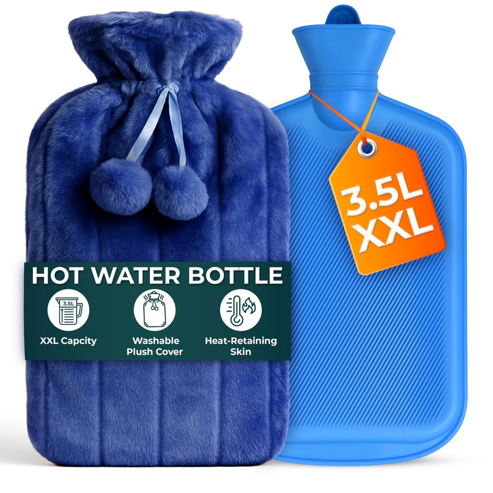 3.5L Extra Large Hot Water Bottle - Blue Faux Fur Covered Hot Water Bottle for Pain Relief, Hand and Foot Warmer - Luxury, Soft and Washable Hot Water Bag for Hot and Cold Compress