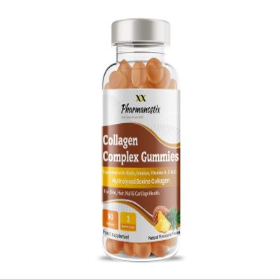 Pharmanostix Collagen Complex Gummies - Natural Orange Flavour - Hydrolysed Bovine Collagen Supported with Biotin, Vitamin C & Selenium - for Healthy Skin & Hair for Men & Women (90 Gummies)
