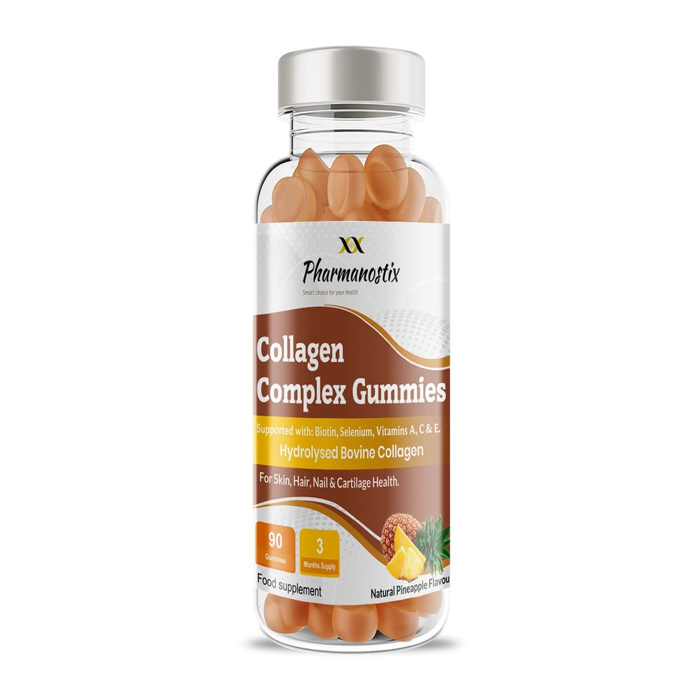 Pharmanostix Collagen Complex Gummies - Natural Orange Flavour - Hydrolysed Bovine Collagen Supported with Biotin, Vitamin C & Selenium - for Healthy Skin & Hair for Men & Women (90 Gummies)