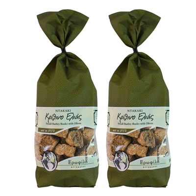 Erofili Small Barley Rusks with Olives from Crete 2 x 380g (760g) | Authentic Greek Olive Rusks | Natural Ingredients, High Fibre, Low Fat | Mediterranean Diet Snack | No Preservatives