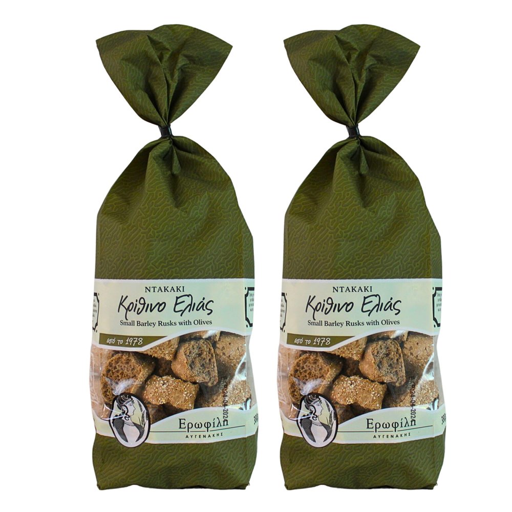 Erofili Small Barley Rusks with Olives from Crete 2 x 380g (760g) | Authentic Greek Olive Rusks | Natural Ingredients, High Fibre, Low Fat | Mediterranean Diet Snack | No Preservatives
