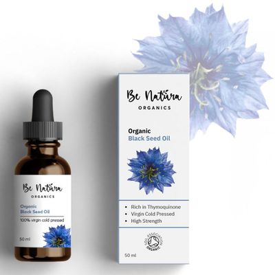 Be Natura Organics 100% Organic Black Seed Oil  Cold Pressed, High Strength (+2% Thymoquinone), Virgin & Pure  Soil Association Certified, 50ml
