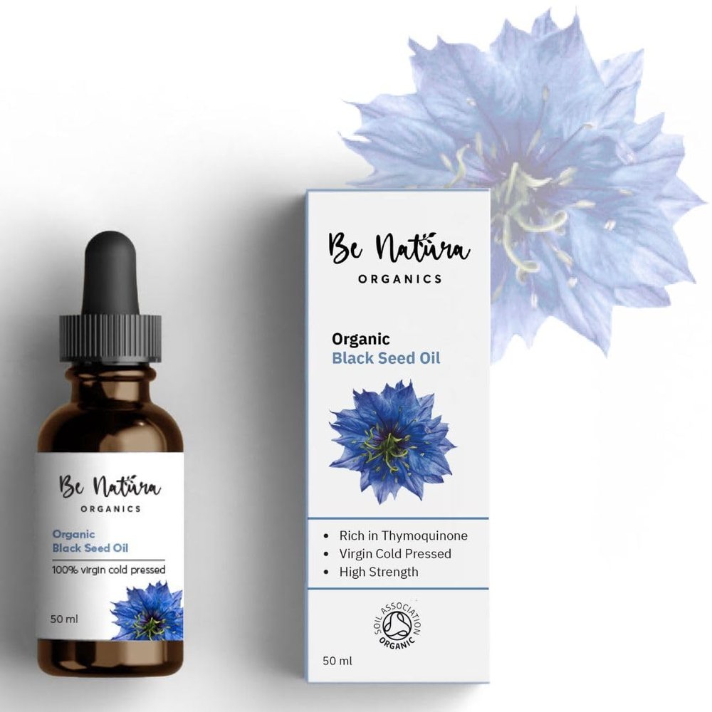 Be Natura Organics 100% Organic Black Seed Oil Cold Pressed, High Strength (+2% Thymoquinone), Virgin & Pure Soil Association Certified, 50ml
