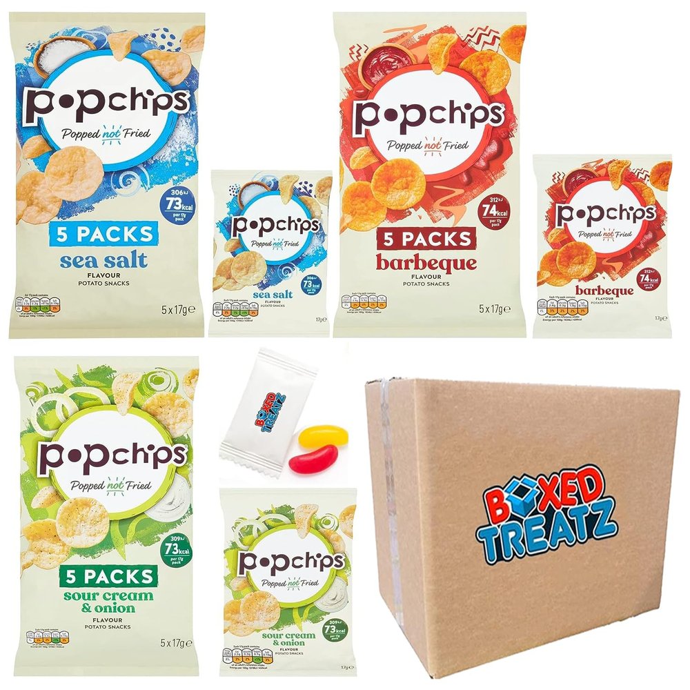 Popchips Mix Sour Cream & Onion BBQ Flavour Sea Salt Potato Snacks Bundle 5X17G Each Multipack Crisps Suitable For Vegetarians Boxed Treatz