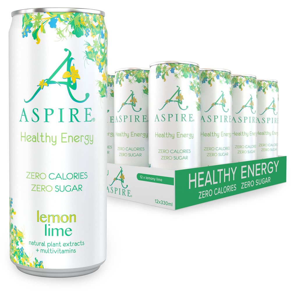 Aspire Healthy Energy Drink 12 x 330ml Cans Zero Calories & Zero Sugar Natural Plant Based Caffeine & Multivitamins - Vegan & Gluten Free (Lemon/Lime)
