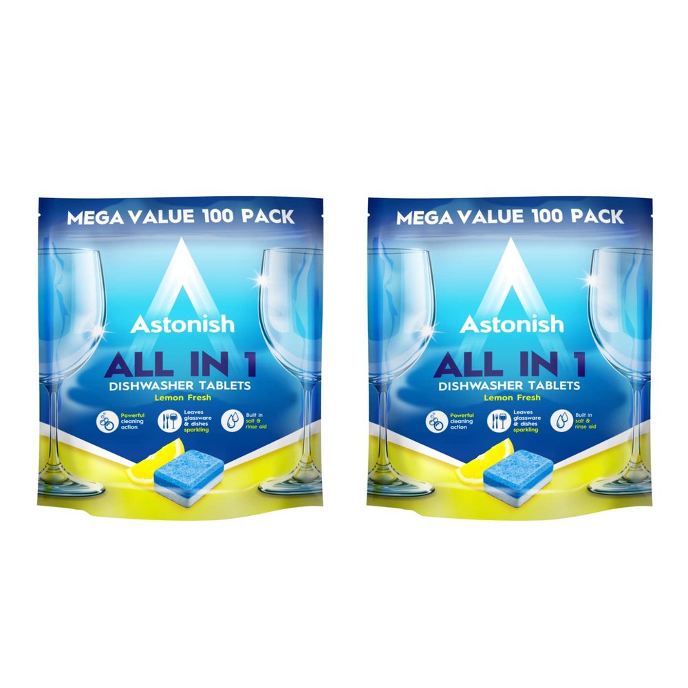 Astonish All In 1 Powerful Cleaning Dishwasher Tablets with Salt and Rinse Aid, Mega Multipack of 200 Tablets (2 x 100), Lemon Fresh