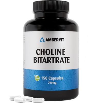 Choline Supplement 700mg - 150 Capsules - 5 Months Supply - High Strength Choline Bitartrate, Easy to Swallow | Supports Fat Metabolism, Brain Health & Liver Function | Ambervit