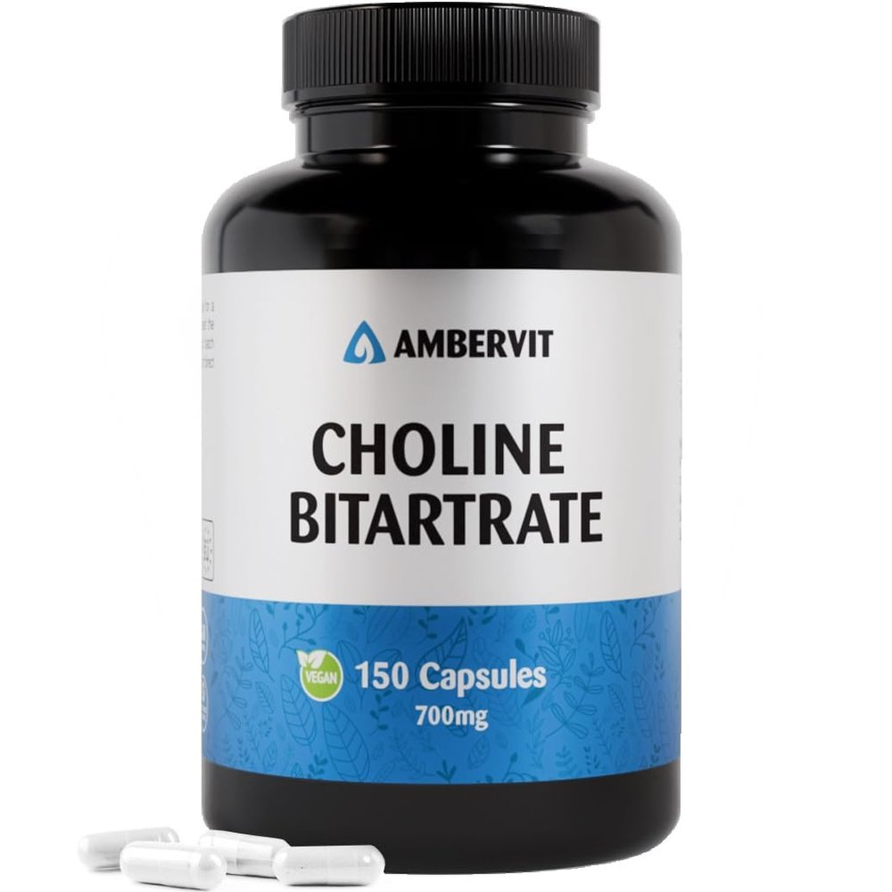 Choline Supplement 700mg - 150 Capsules - 5 Months Supply - High Strength Choline Bitartrate, Easy to Swallow | Supports Fat Metabolism, Brain Health & Liver Function | Ambervit