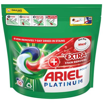 Ariel Platinum Washing Pods 50 Washes + Extra Stain Removal, Fresh Scent