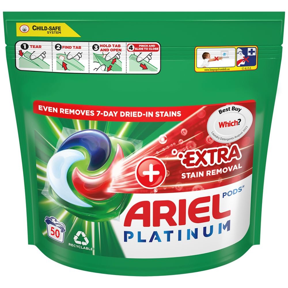 Ariel Platinum Washing Pods 50 Washes + Extra Stain Removal, Fresh Scent