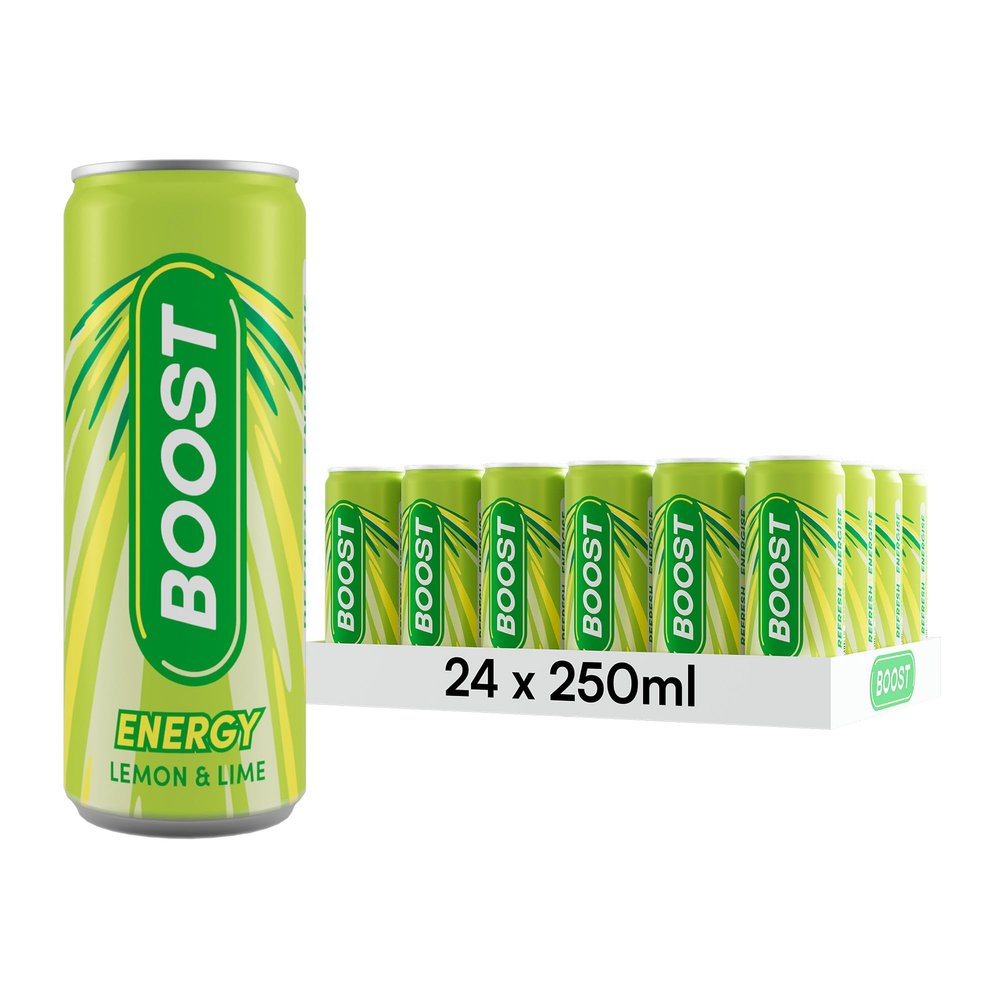 Boost Energy Drink Lemon & Lime - 24 Pack Drinks with Caffeine, Taurine and Vitamin B, Carbonated Energy Drinks, Gluten Free Vegan Low Calorie Fizzy Drinks Multipack, 24x250ml