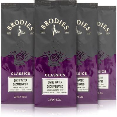 Brodies Classics Artisan Ground Coffee - Swiss Water Decaffeinated 100 Percent Arabica (4 Pack of 227 g) smooth, sweet and juicy, medium Strength, standard Grind, Hand roasted