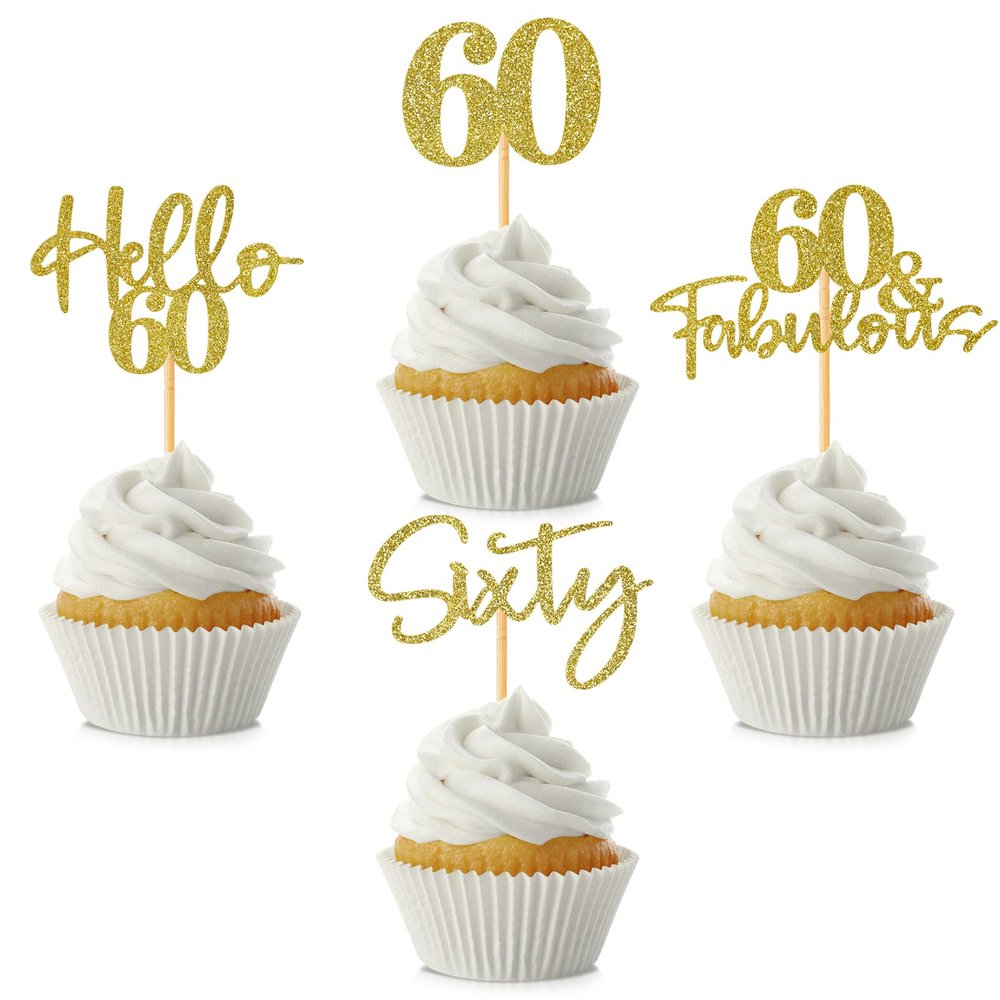 48Pcs 60th Birthday Cupcake Toppers Glitter Hello 60 Cupcake Topper 60 Fabulous Sixty Cupcake Picks for Happy 60th Birthday Wedding Anniversary Party Cake Decorations Supplies, Gold