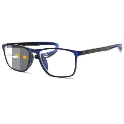 Lanomi Rectangle Blue Light Blocking Photochromic Sun Reading Glasses Men Women Lightweight Flexible Plastic TR90 Frame Outdoors Readers Eyeglasses Blue Rim/Photochromic Grey 1.5