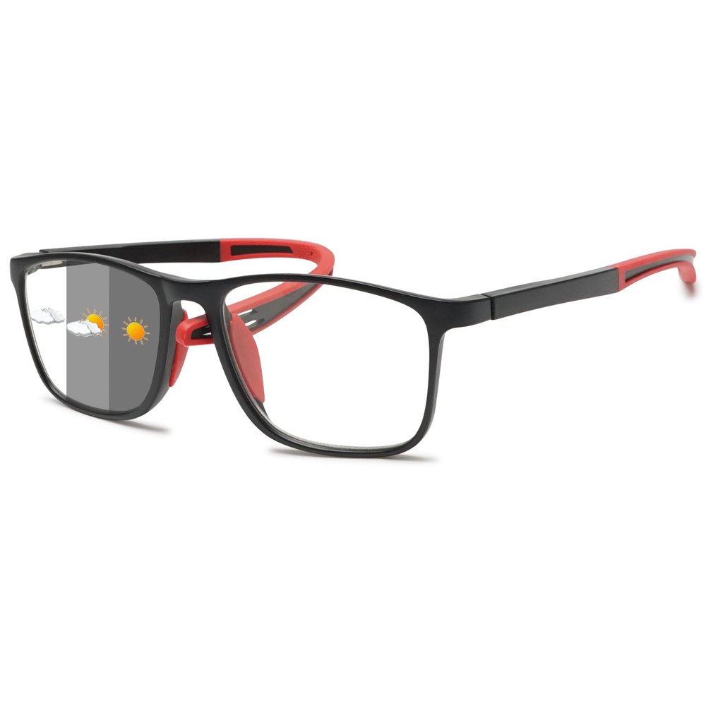 Lanomi Rectangle Blue Light Blocking Photochromic Sun Reading Glasses Men Women Lightweight Flexible Plastic TR90 Frame Outdoors Readers Eyeglasses Black Rim Red Arm/Photochromic Grey 1.0