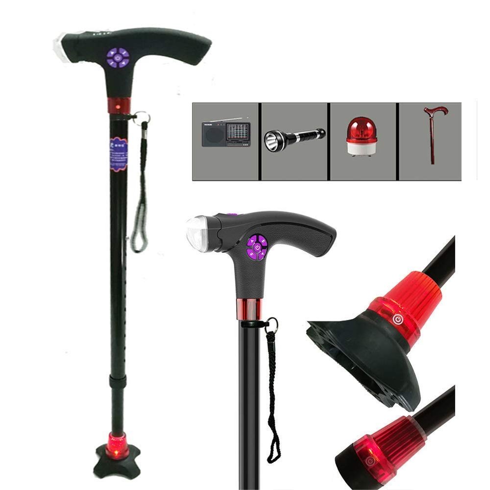 Walkers for seniors Multi-Function Intelligent Elderly Crutches Walking Cane Stick Adjustable LED Light Non-Slip Telescopic Walking Stick Smart Radio Alarm Aluminum Crutches rollator walker Durable
