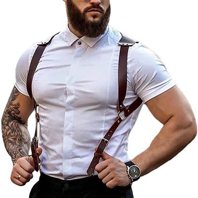 Men's Leather Body Chest Harness Suspenders Adjustable Buckle Shoulder Armors Straps Punk Black Belt Club Party Rave Costumes, Brown, One Size