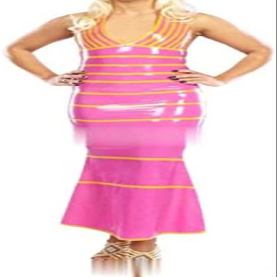 Stripes Halter Latex Dress Rubber Bodycon Playsuit,Plum Red with Yellow,Large