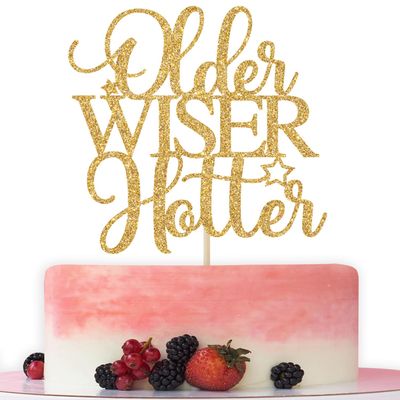 Older Wiser Hotter Cake Topper, Funny Happy Bday Party Supplies for Adult, 30th 40th 50h 60th 70th 80th Birthday Party Decorations, Adults Birthday Party Decorations Gold Glitter