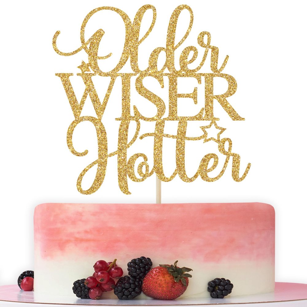 Older Wiser Hotter Cake Topper, Funny Happy Bday Party Supplies for Adult, 30th 40th 50h 60th 70th 80th Birthday Party Decorations, Adults Birthday Party Decorations Gold Glitter