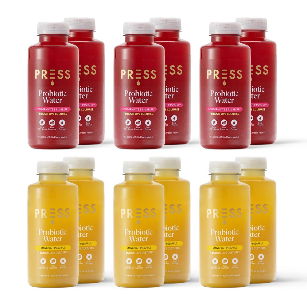Press Healthfoods - Mix Pack Probiotic Water, 6 x 400ml Raspberry & Pomegranate, 6 x 400ml Mango & Passion Fruit, Digestive Health Support, Natural Ingredients