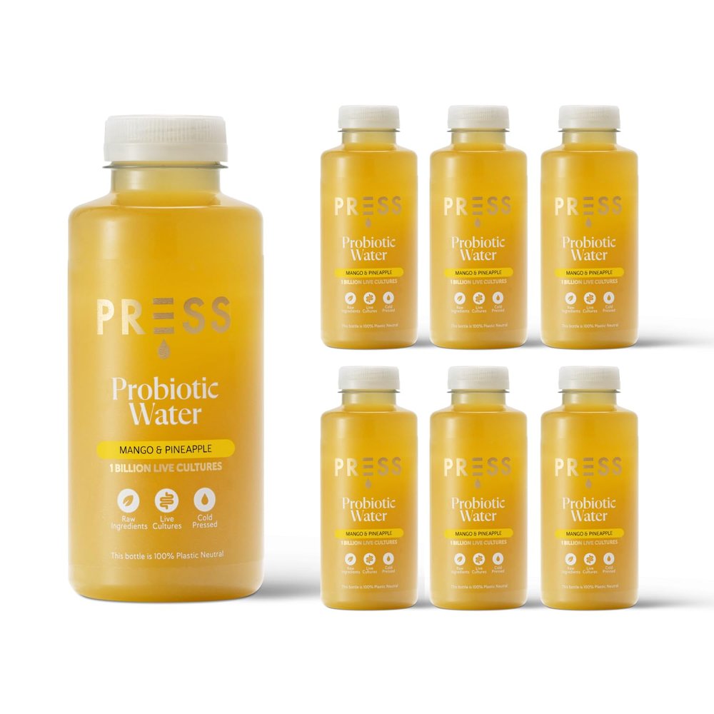 Press Healthfoods - Mango & Pineapple Probiotic Water, 6 x 400ml, Digestive Health Support, Natural Ingredients, Low Calorie Drinks, Probiotic Water for Women and Men
