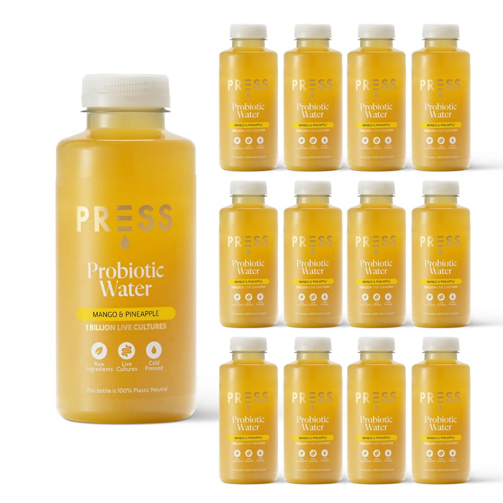 Press Healthfoods - Mango & Pineapple Probiotic Water, 12 x 400ml, Digestive Health Support, Natural Ingredients, Low Calorie Drinks, Probiotic Water for Women and Men