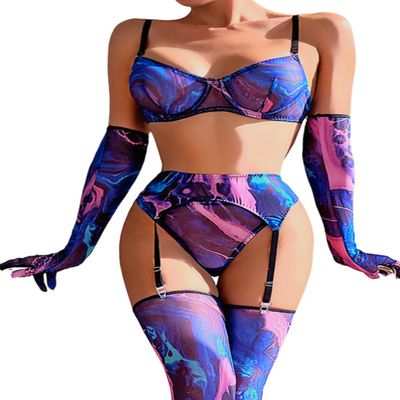 EHSUYAB Marble Print Sexy Lingerie, Gloves&Stockings, 5Pc Garter Boudoir Shoot, Purple-blue, 0-2
