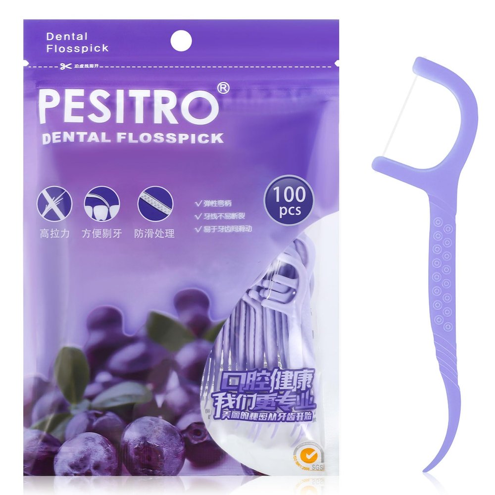 Medo 100 Pcs Dental Floss, Floss Sticks Dental 2 in 1 Portable Toothpicks, Disposable Interdental Cleaning Tool for Travel, Home, Office, Restaurant (Purple)