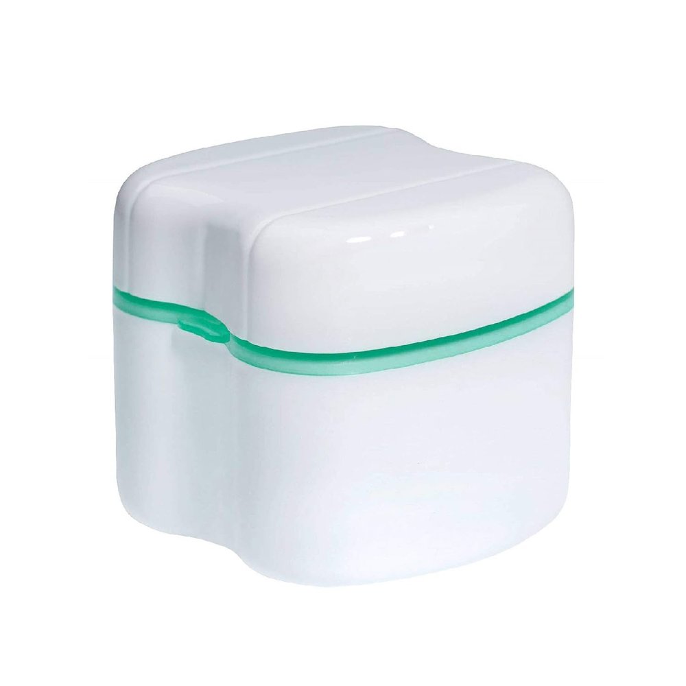 Denture Storage Case, Plastic Denture Retainer Care Cleaner Box with Flushable Basket for Storing Soaking Denture Mouthguards Retainers - Lake Green