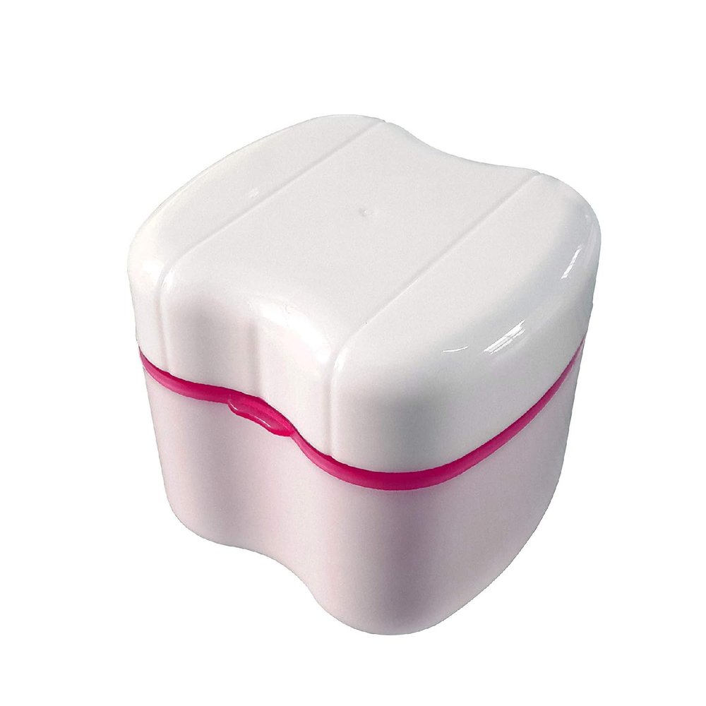 Denture Storage Case, Plastic Denture Retainer Care Cleaner Box with Flushable Basket for Storing Soaking Denture Mouthguards Retainers - Pink