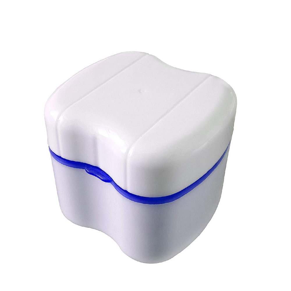 Denture Storage Case, Plastic Denture Retainer Care Cleaner Box with Flushable Basket for Storing Soaking Denture Mouthguards Retainers - Dark Blue