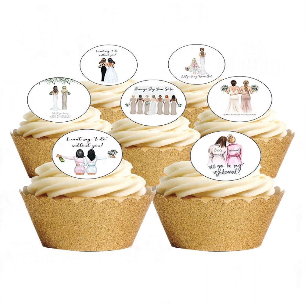 24 Precut Will You Be My Bridesmaid/Maid of Honour/Flower Girl Wedding Team Bride Edible Wafer Paper Cake Toppers Decorations