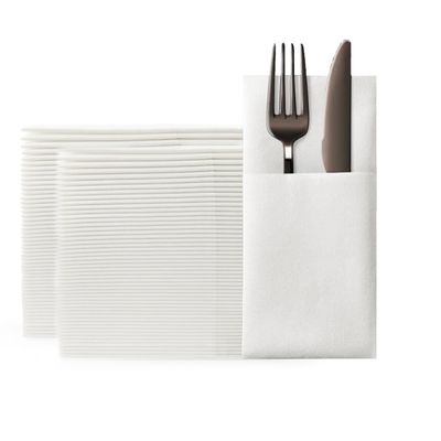 KLEENDOL Disposable Dinner Napkins with Built-in Flatware Pocket, Cloth Like Napkins,Disposbale Linen Feel White Napkin for Wedding Party,Prefolded for Silverware,100 Counts
