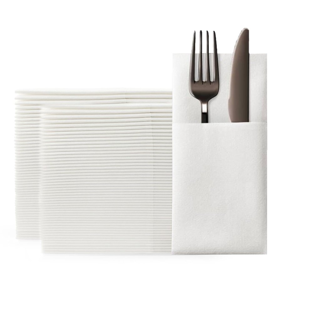 KLEENDOL Disposable Dinner Napkins with Built-in Flatware Pocket, Cloth Like Napkins,Disposbale Linen Feel White Napkin for Wedding Party,Prefolded for Silverware,100 Counts