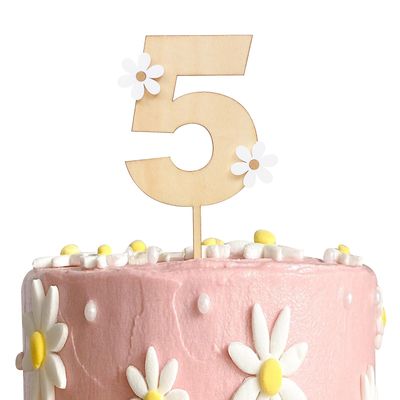 Wooden Daisy Cake Topper For 5th Birthday - Daisy Birthday Party Decor, Retro Groovy Birthday, Boho Birthday, Wooden Cake Decorating Supplies, 5th Anniversary (Daisy 5 Cake Topper)