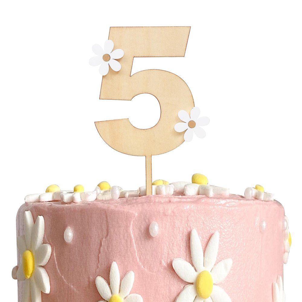 Wooden Daisy Cake Topper For 5th Birthday - Daisy Birthday Party Decor, Retro Groovy Birthday, Boho Birthday, Wooden Cake Decorating Supplies, 5th Anniversary (Daisy 5 Cake Topper)