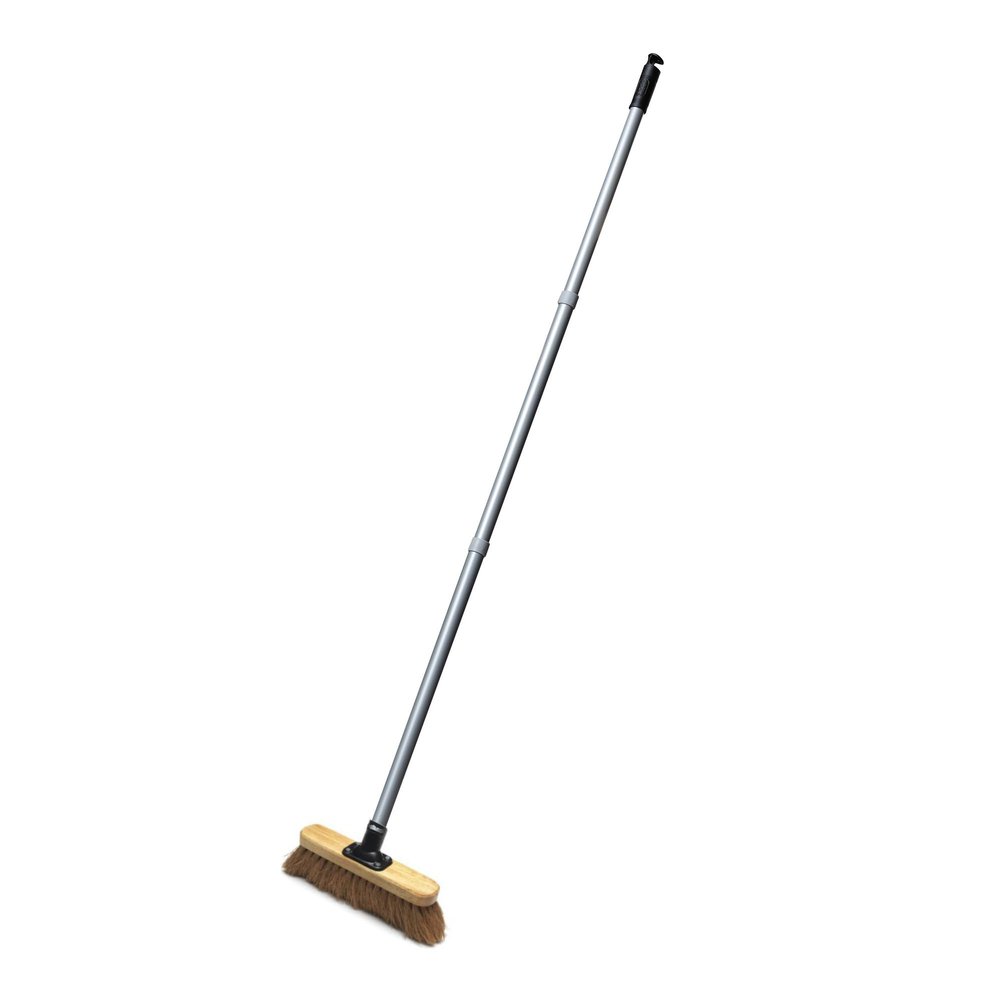 Addis Outdoor Patio 27.5cm 11 inch Complete Soft Natural Coco Bristles Wooden Broom with 3 pcs Metal handle, Natural Black Metallic